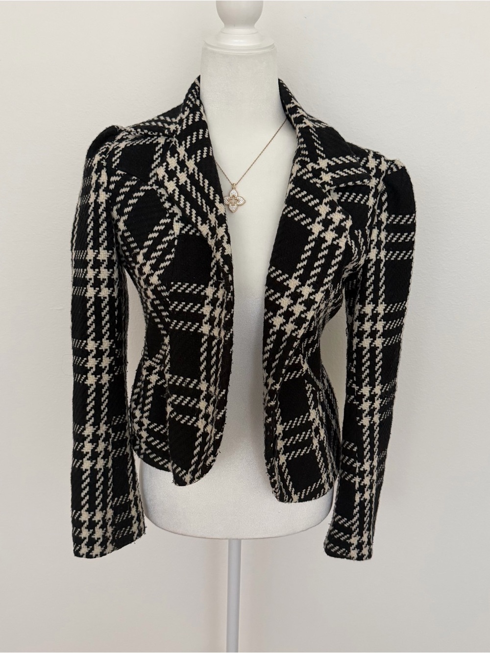 Maestro Houndstooth Plaid Tweed Crop Blazer Jacket Yellow Lining Small